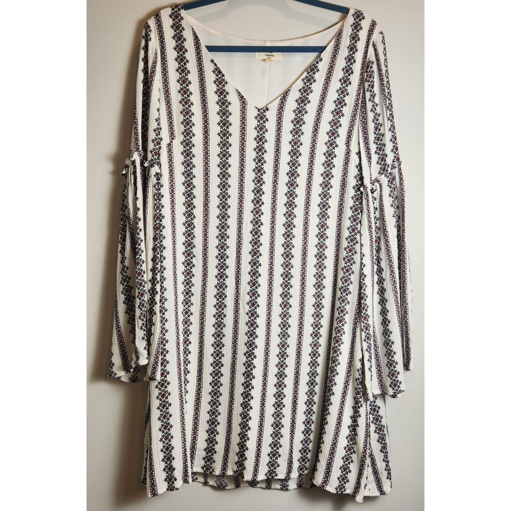 Entro Boho Peasant Dress Women's Medium White Black Red Print Bell Sleeve V-Neck